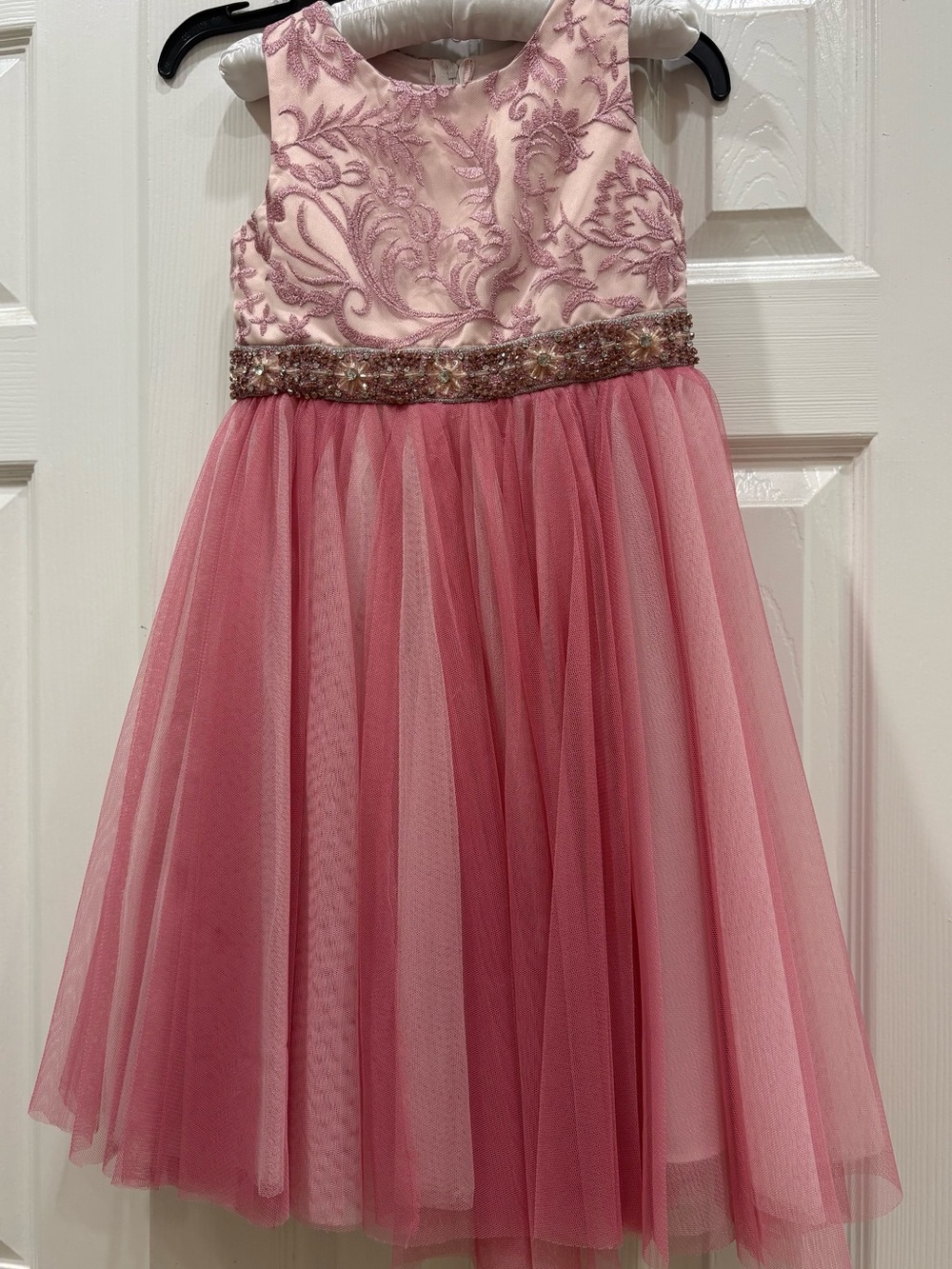Rare Editions Pink Embroidered Tulle Dress with Beaded Waist